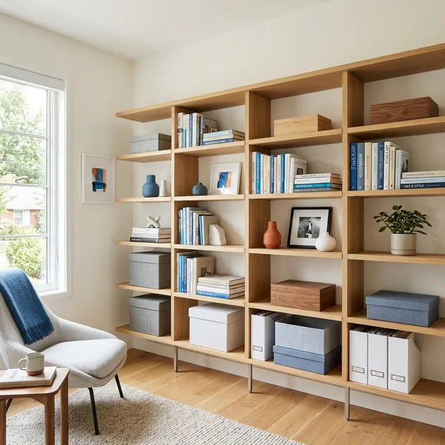 Étagère de rangement en bois, claire et ordonnée