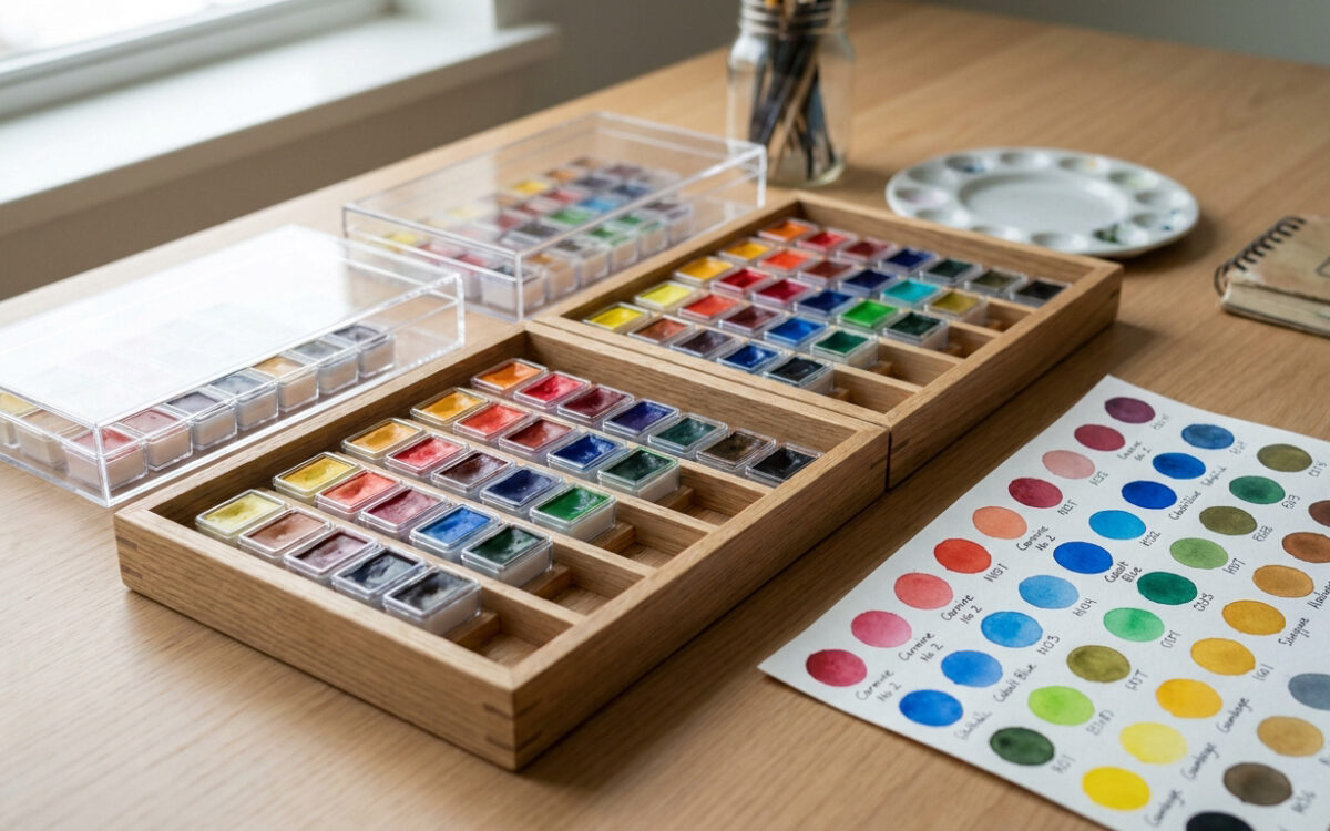 Des godets de peinture aquarelle gansai soigneusement rangés dans des boîtes en bois et en acrylique sur un bureau.