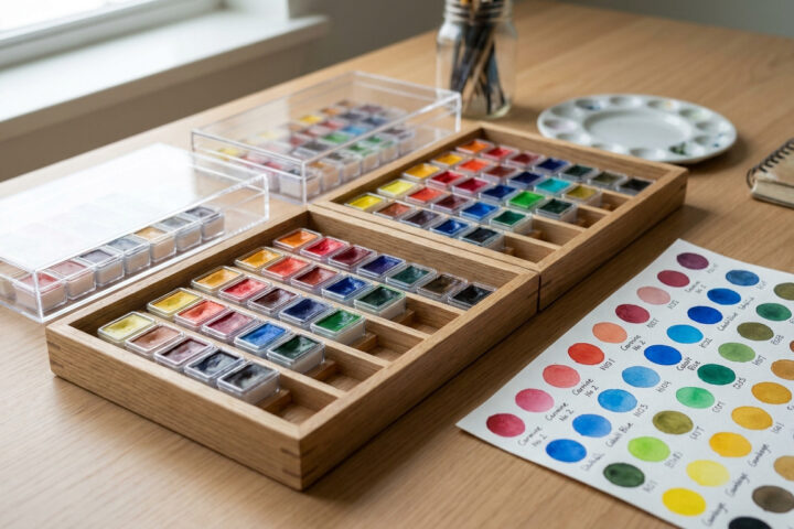 Des godets de peinture aquarelle gansai soigneusement rangés dans des boîtes en bois et en acrylique sur un bureau.