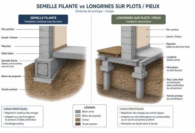 Quelle est la différence entre une semelle et une longrine ?