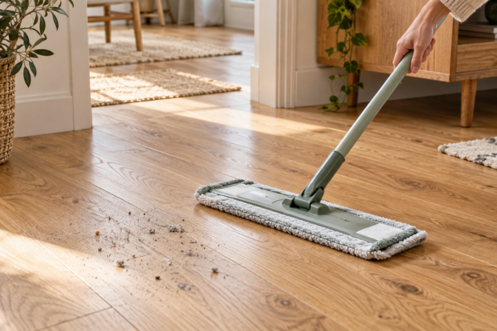 Balai microfibre nettoyant un parquet en bois sans excès d’eau